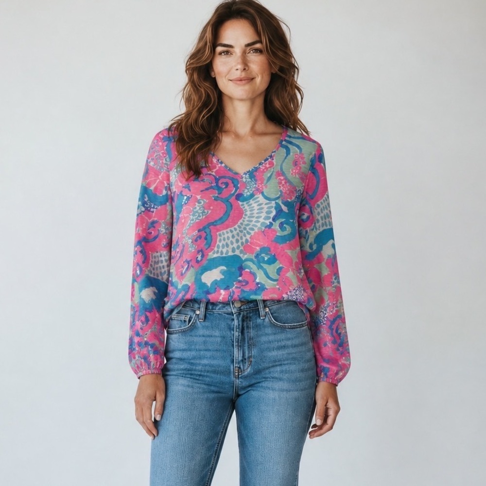 Lilly Pulitzer Pink Blue Abstract Tropical V-Neck Roll Tab Sleeve Cotton Top S
